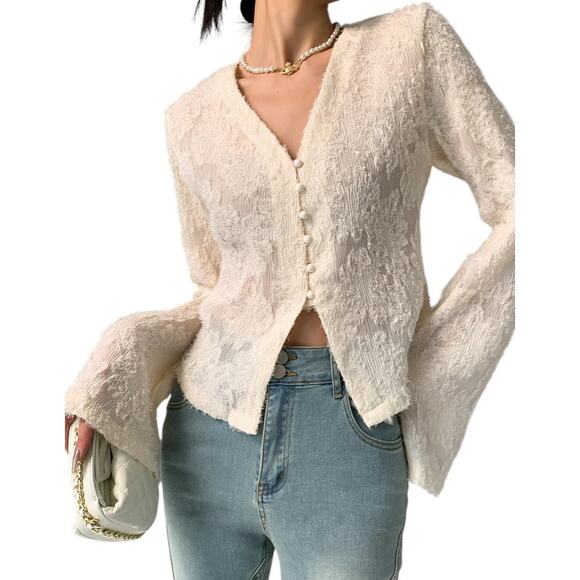 Commense Ivory Textured V-Neck Blouse XL NWT Long Sleeve Sheer Button Down - Picture 1 of 4